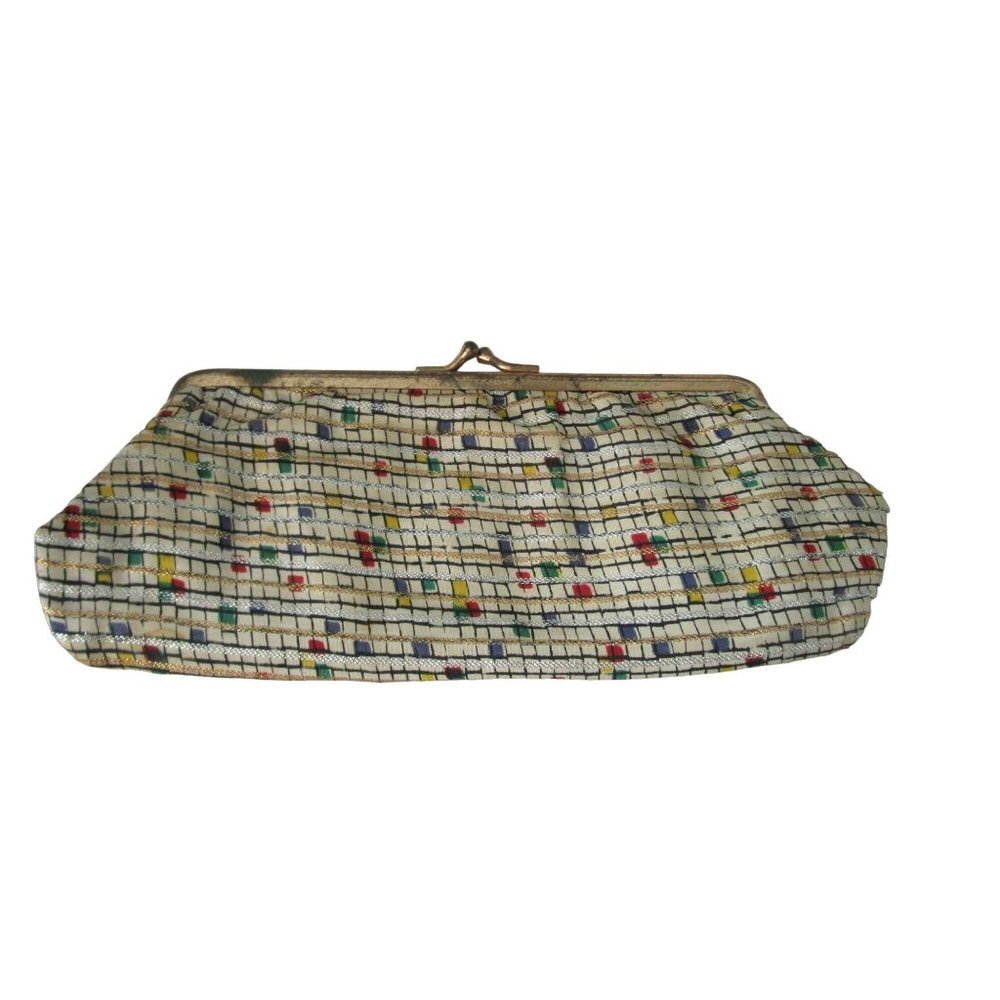 Vintage Frame Clutch Make Up Bag Bold Graphics Gold Silver Woven Accents Damage